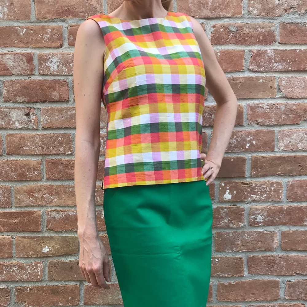 Talbots Orange Green Check Sleeveless Silk Top